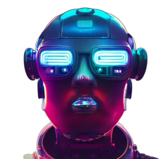 robot, mask, face, cyberpunk, 3d render, concept art, vaporwave, neon lights transparent PNG cut-out