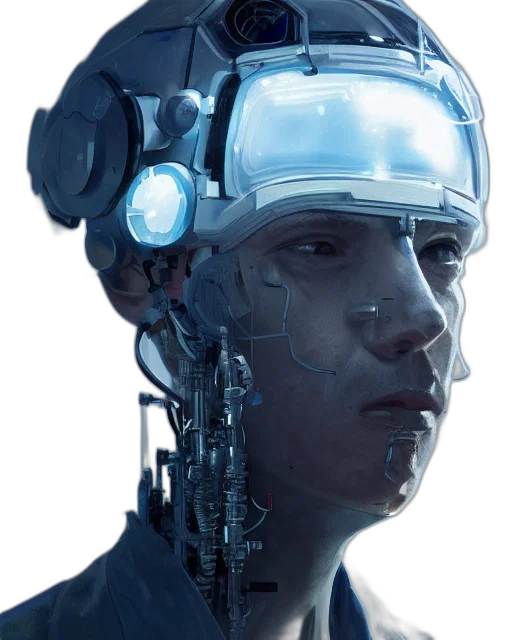 robot, face, mask, cyberpunk, concept art, comic book art, photorealistic, blue transparent PNG cut-out