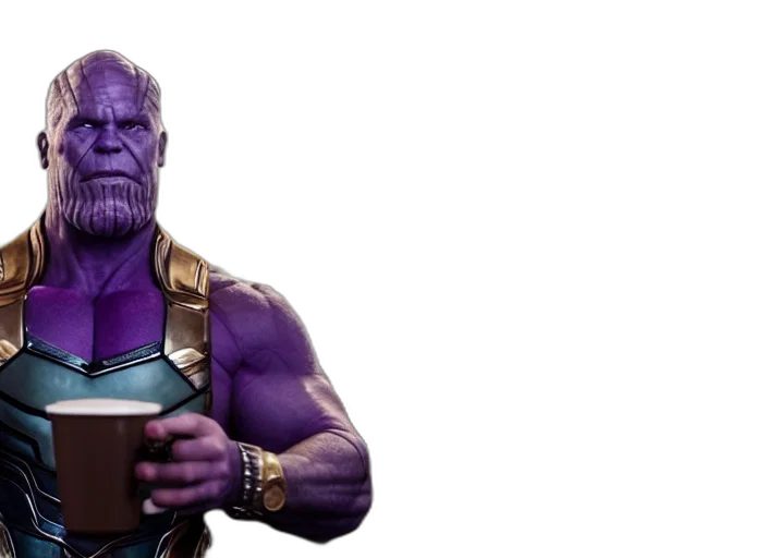 concept art, 3d render, comic book art, film, still, thanos, barista, starbucks transparent PNG cut-out