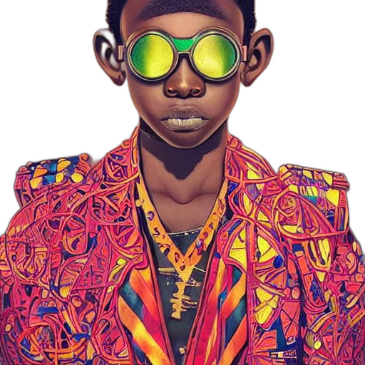 jacket, face, comic book art, cartoon, photorealistic, concept art, colorful, neon transparent PNG cut-out
