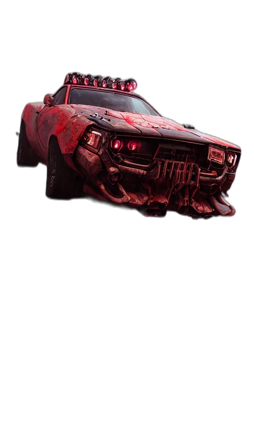 car, weapon, concept art, 3d render, photorealistic, cyberpunk, red, road transparent PNG cut-out