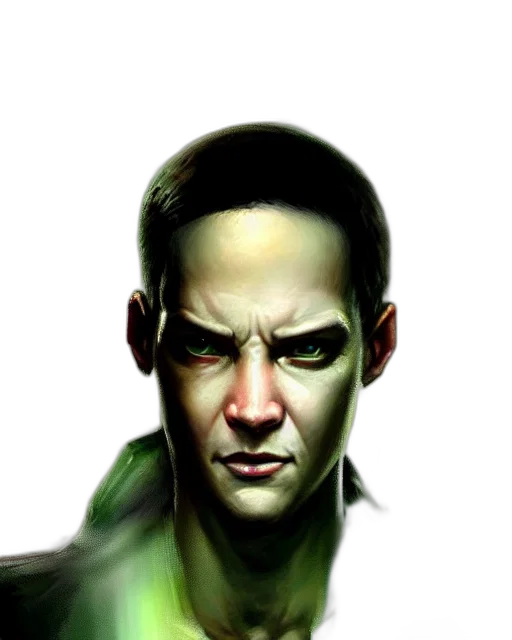 face, mask, staff, photorealistic, comic book art, concept art, 3d render, green transparent PNG cut-out