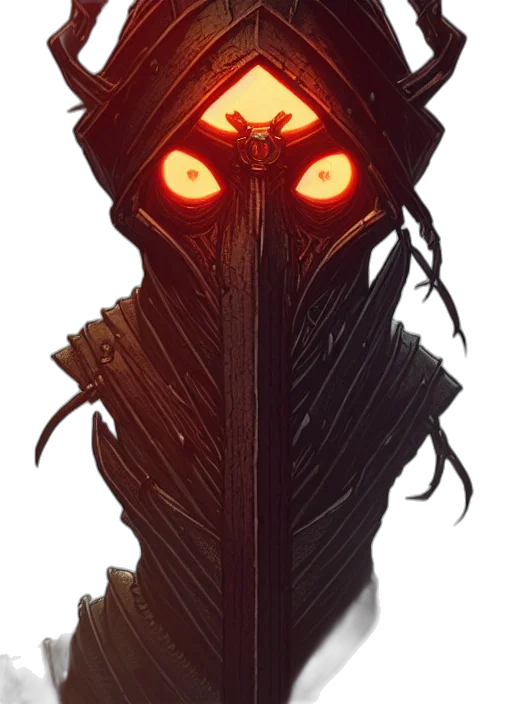 mask, staff, creature, sword, concept art, fantasy art, pixel art, comic book art transparent PNG cut-out