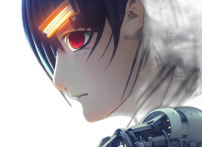robot, face, weapon, mask, anime, cyberpunk, concept art, photorealistic transparent PNG cut-out