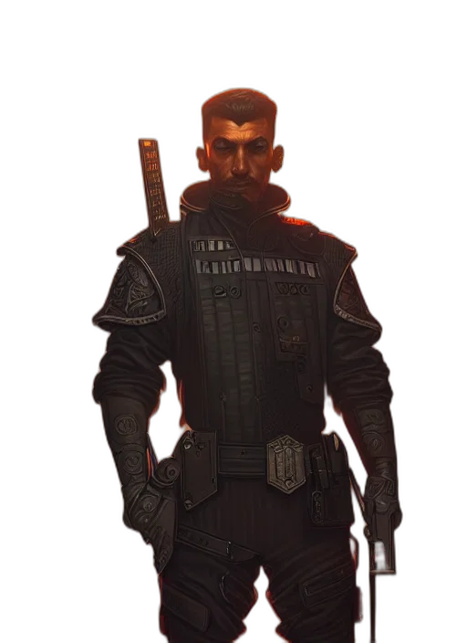 staff, weapon, mask, jacket, concept art, fantasy art, cyberpunk, 3d render transparent PNG cut-out