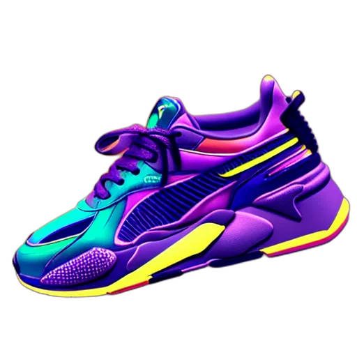 shoes, 3d render, photorealistic, vaporwave, neon, colorful, puma, sneakers transparent PNG cut-out