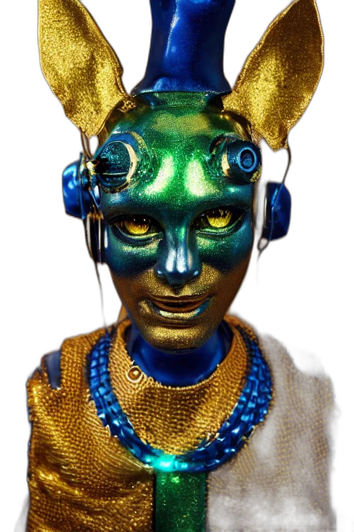 mask, robot, jewelry, staff, 3d render, concept art, blue, awardwinning transparent PNG cut-out