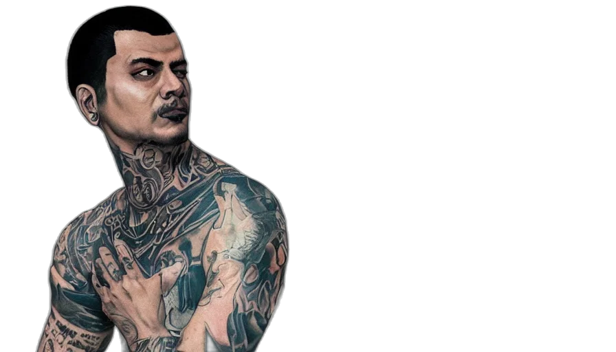 photorealistic, concept art, comic book art, 3d render, tattooed, young, thin, latino transparent PNG cut-out