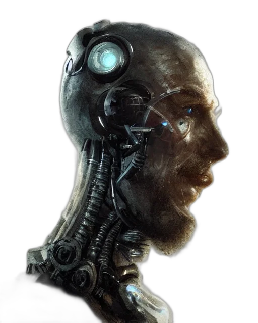 robot, face, cyberpunk, concept art, 3d render, photorealistic, rugged, half transparent PNG cut-out