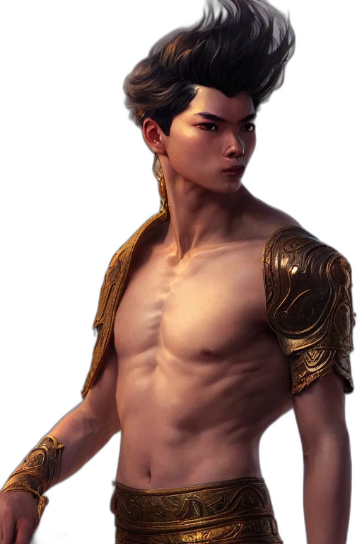 sword, fantasy art, concept art, photorealistic, 3d render, golden, young, male transparent PNG cut-out