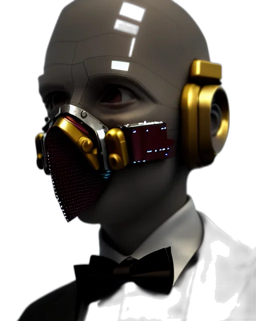 mask, robot, face, staff, cyberpunk, concept art, 3d render, photorealistic transparent PNG cut-out