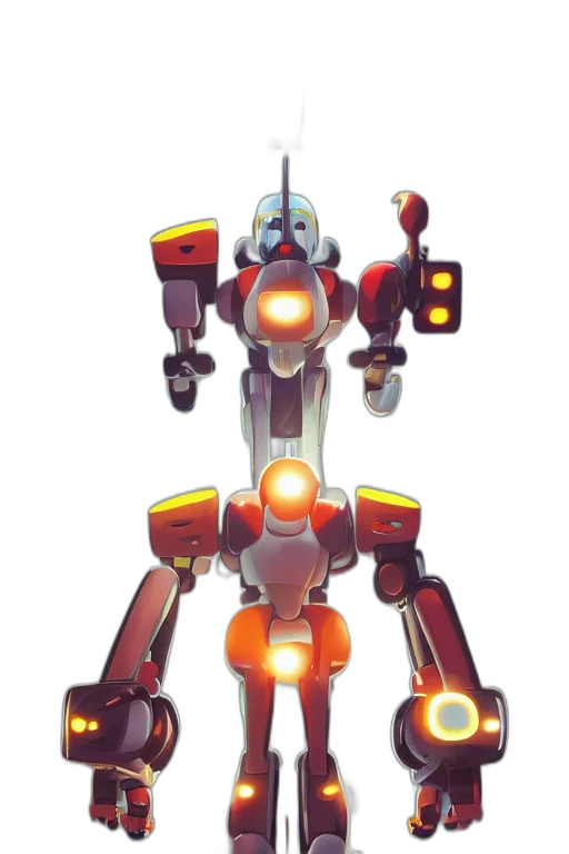 robot, weapon, staff, concept art, 3d render, pixel art, comic book art, red transparent PNG cut-out