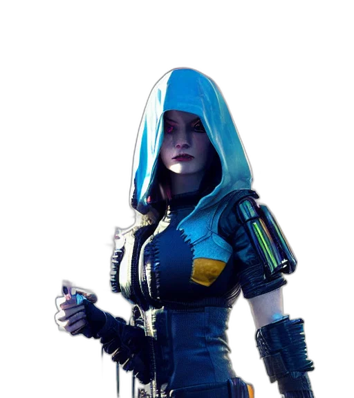 jacket, robot, staff, dress, cyberpunk, concept art, 3d render, fantasy art transparent PNG cut-out