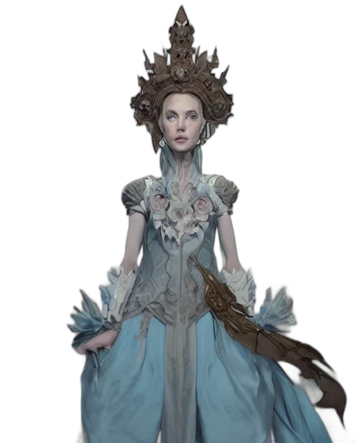 dress, crown, staff, concept art, fantasy art, 3d render, photorealistic, blue transparent PNG cut-out