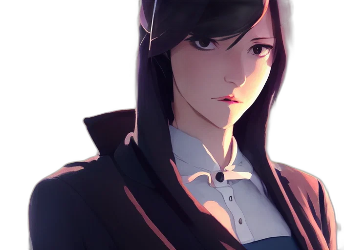 face, jacket, staff, weapon, anime, concept art, cartoon, pixel art transparent PNG cut-out