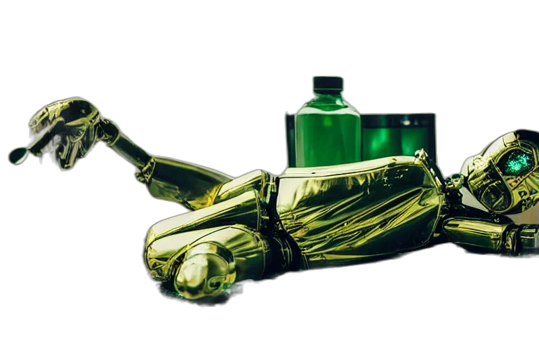 bottle, weapon, robot, mask, cyberpunk, concept art, 3d render, photorealistic transparent PNG cut-out