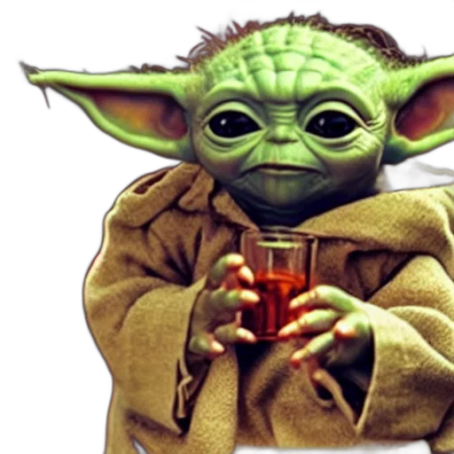 staff, 3d render, photorealistic, concept art, fantasy art, baby, yoda, drinking transparent PNG cut-out