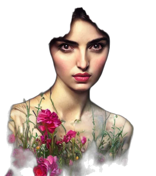 face, flower, jewelry, dress, photorealistic, fantasy art, oil painting, concept art transparent PNG cut-out