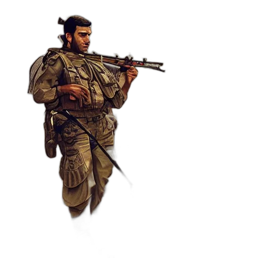 weapon, staff, jacket, animal, concept art, pixel art, 3d render, photorealistic transparent PNG cut-out