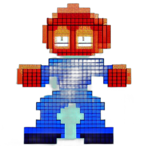robot, pixel art, 3d render, concept art, cartoon, blue, megaman, pixel transparent PNG cut-out