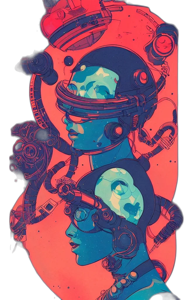 robot, mask, face, dress, comic book art, concept art, cyberpunk, watercolor transparent PNG cut-out
