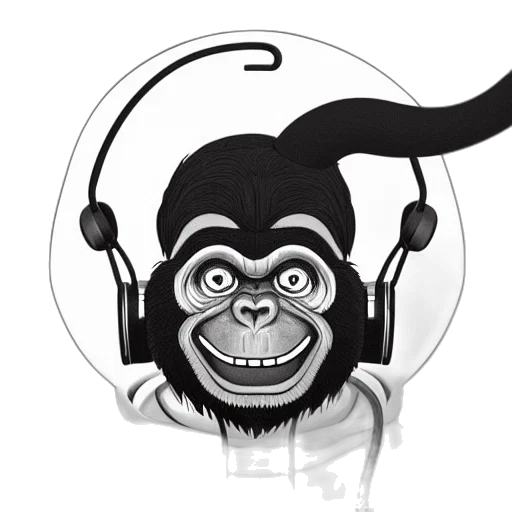 cartoon, concept art, laughing, ape, headphones, knitted, cap, extremely transparent PNG cut-out