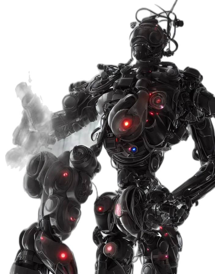 robot, concept art, cyberpunk, 3d render, comic book art, fog, full, body transparent PNG cut-out