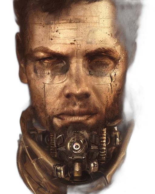 face, robot, mask, weapon, concept art, cyberpunk, photorealistic, comic book art transparent PNG cut-out