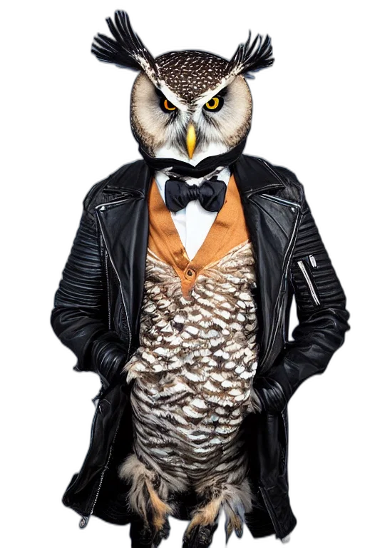 jacket, animal, mask, photorealistic, monochrome, owl, wearing, black transparent PNG cut-out