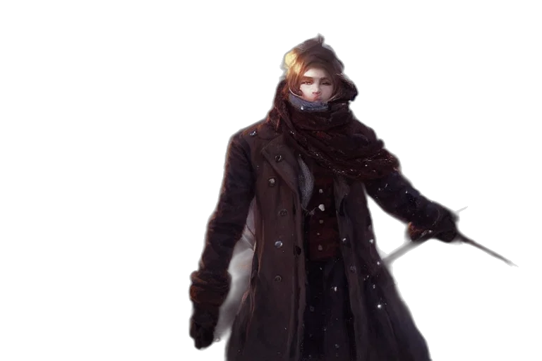 jacket, staff, concept art, fantasy art, cyberpunk, 3d render, snow, dark transparent PNG cut-out