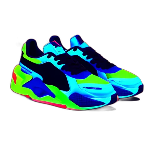 shoes, 3d render, vaporwave, photorealistic, neon lights, neon, puma, sneakers transparent PNG cut-out