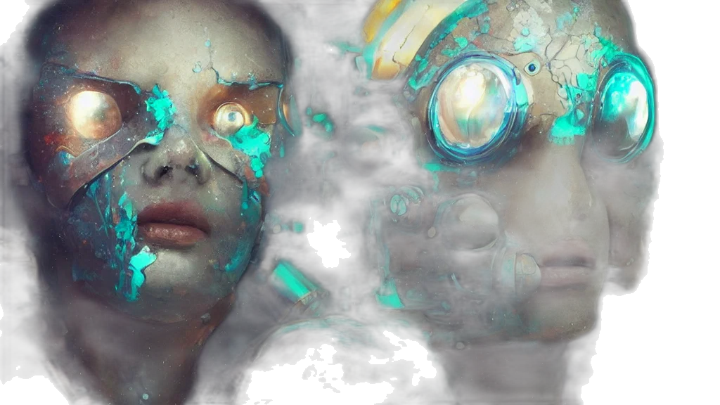 mask, cyberpunk, concept art, 3d render, photorealistic, underwater, outer space, pastel transparent PNG cut-out