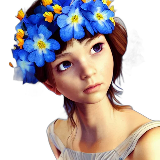 flower, face, crown, dress, photorealistic, fantasy art, 3d render, concept art transparent PNG cut-out