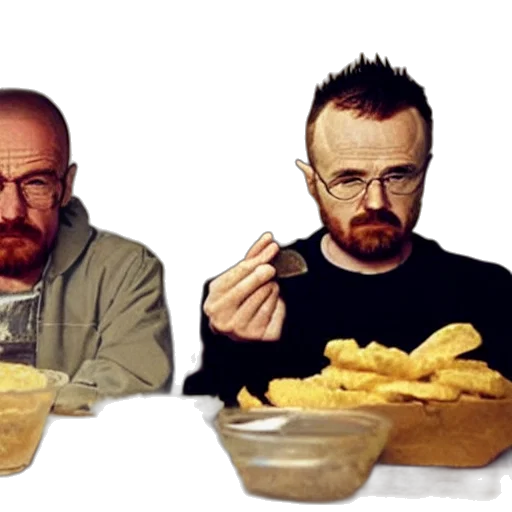 food, concept art, photorealistic, walter, white, jesse, pinkman, eating transparent PNG cut-out