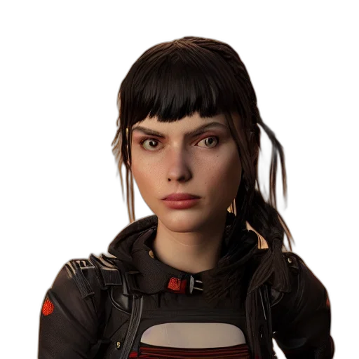 face, jacket, staff, hair, concept art, cyberpunk, 3d render, photorealistic transparent PNG cut-out