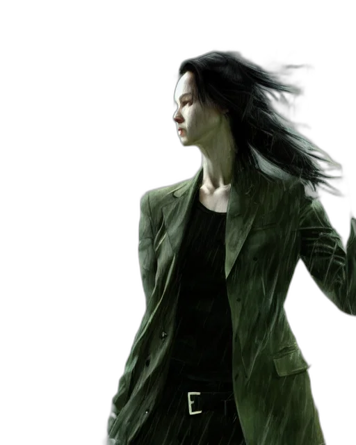 jacket, hair, photorealistic, cyberpunk, concept art, 3d render, green, earth tones transparent PNG cut-out
