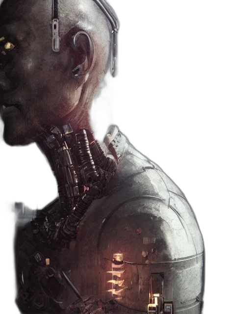 robot, face, cyberpunk, concept art, comic book art, 3d render, outer space, half transparent PNG cut-out