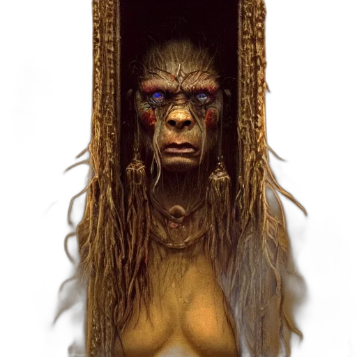 mask, hair, creature, face, fantasy art, concept art, photorealistic, 3d render transparent PNG cut-out