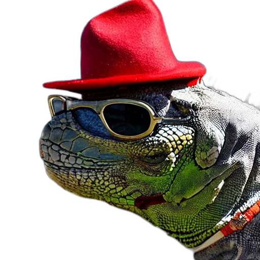 hat, dragon, animal, creature, photorealistic, iguana, wearing, sunglasses transparent PNG cut-out