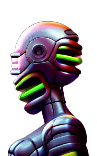 robot, mask, face, staff, 3d render, concept art, cyberpunk, vaporwave transparent PNG cut-out