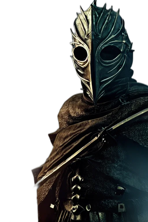mask, face, sword, staff, concept art, fantasy art, comic book art, 3d render transparent PNG cut-out
