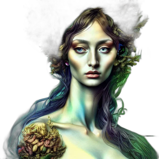 face, flower, crown, fantasy art, photorealistic, concept art, watercolor, green transparent PNG cut-out