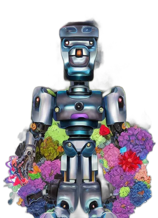 robot, flower, dress, concept art, 3d render, colourful, caricature, vfx transparent PNG cut-out