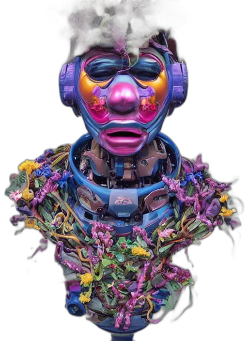 mask, face, robot, jewelry, 3d render, cyberpunk, concept art, colorful transparent PNG cut-out