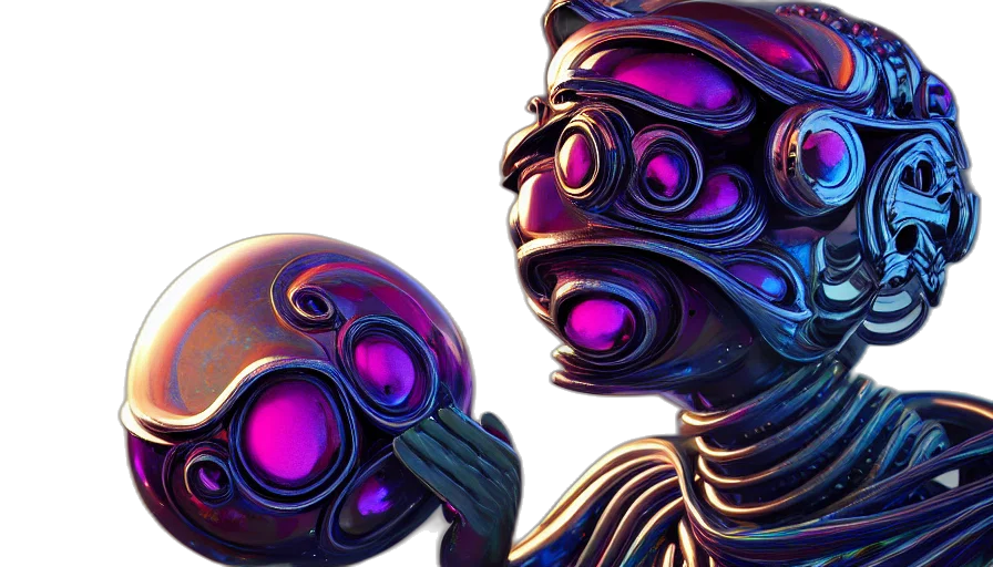 robot, mask, creature, face, concept art, 3d render, vaporwave, cyberpunk transparent PNG cut-out