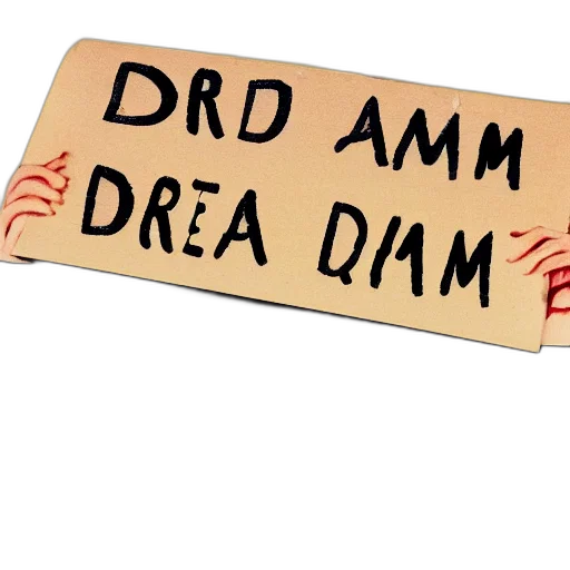 concept art, human, robot, holding, sign, text, reads, dream transparent PNG cut-out