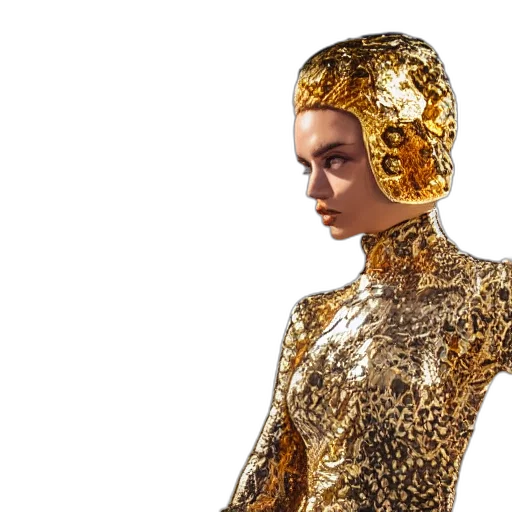jewelry, crown, robot, jacket, 3d render, concept art, photorealistic, golden transparent PNG cut-out