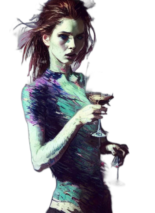 dress, face, bottle, comic book art, concept art, cyberpunk, watercolor, neon lights transparent PNG cut-out