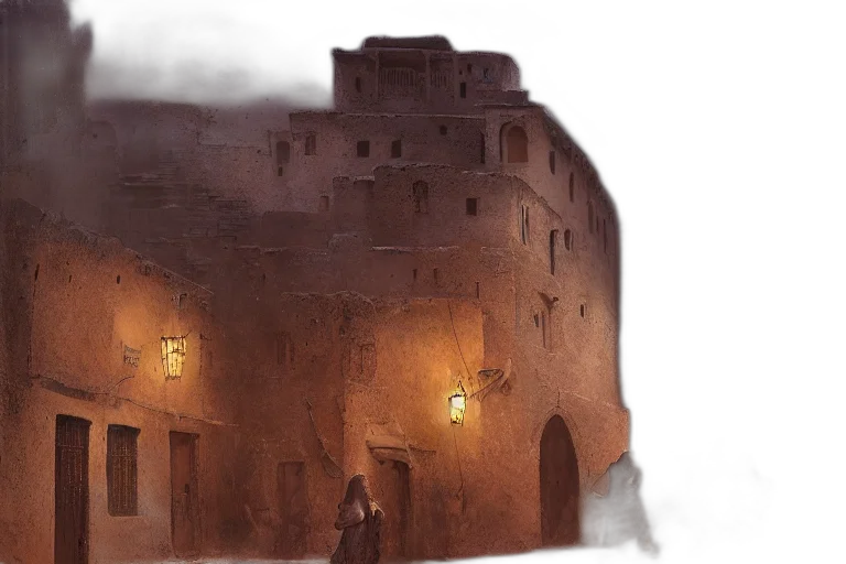 building, concept art, fantasy art, photorealistic, watercolor, night, fog, city street transparent PNG cut-out