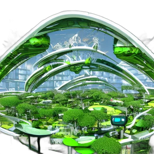 concept art, 3d render, cyberpunk, green, futuristic, botanical, city transparent PNG cut-out